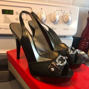 Black Slingback Peep-Toe Heels with Chain Accent